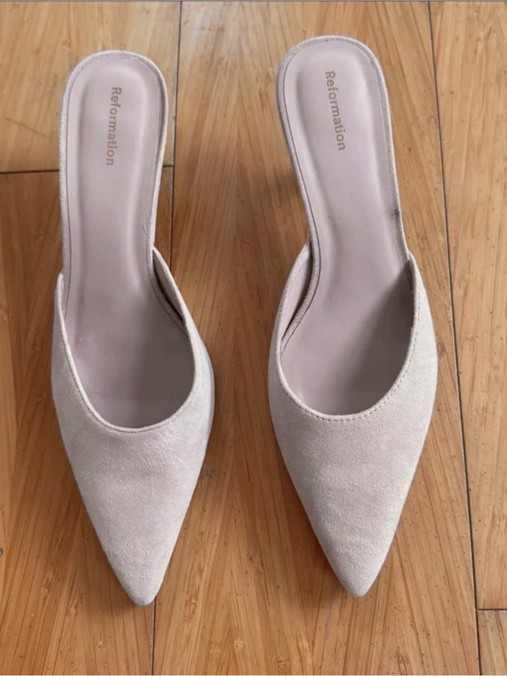 Reformation Wilda Kitten Suede Mules in Light Beige